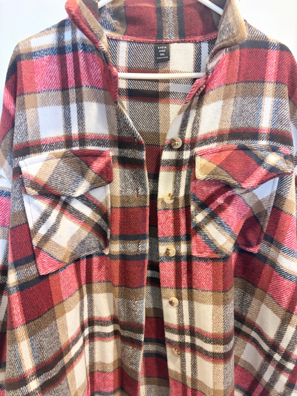 NWOT SHEIN Plaid Shacket in Burgundy, Brown & Cream - Picture 10 of 11